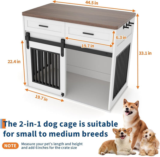 44.5" Wooden Dog Crate Furniture with Storage Drawers, Heavy Duty Pet Kennel End Table, Sliding Barn Doors, Indoor Decorative TV Stand for Medium or Large Breeds