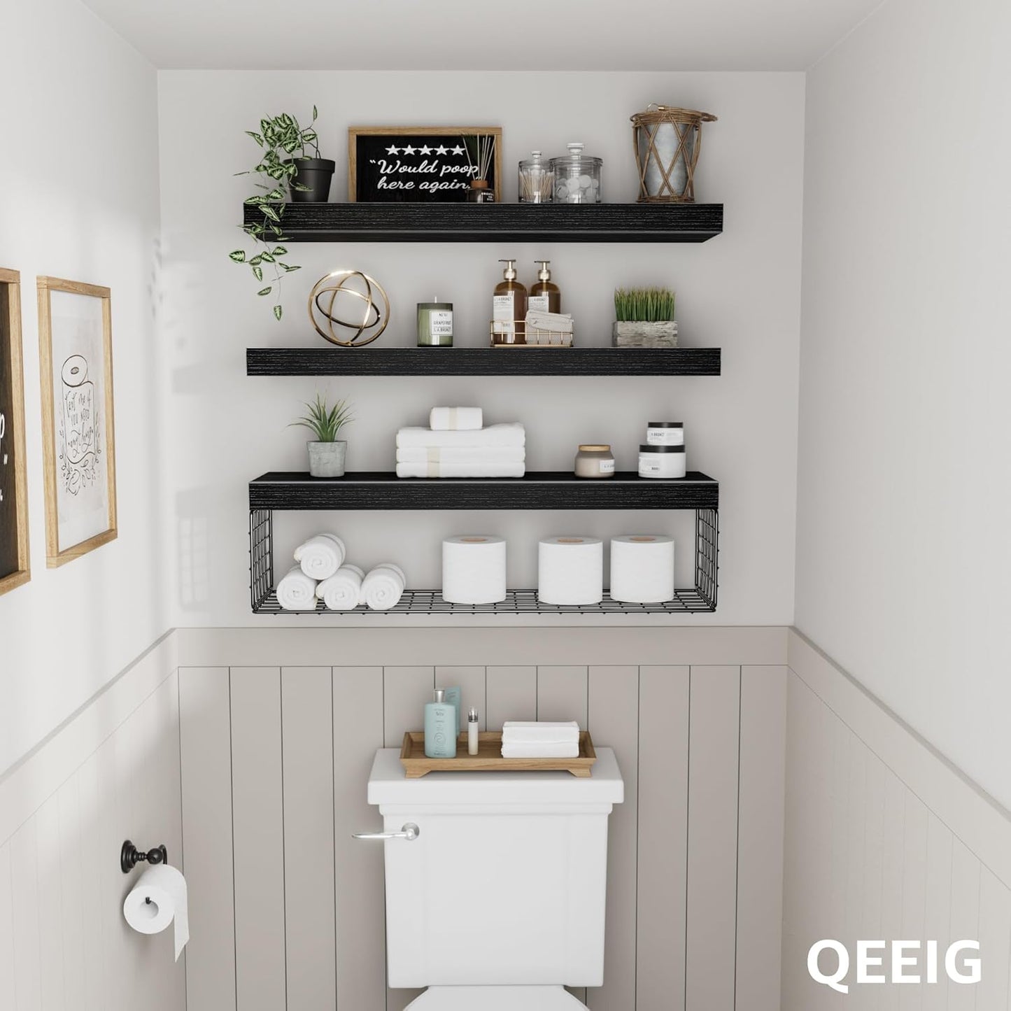 Bathroom Shelves 24 Inches Long - Floating Shelf for Wall over Toilet Paper Storage Basket Farmhouse Set of 3, Black (019-60B3)