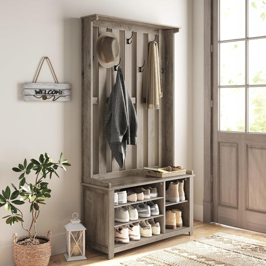 Hall Tree with Bench and Shoe Storage, Coat Rack with Shoe Bench, 7 Double Hooks for Jackets, Hats, Entryway, Bedroom, Living Room, 13.8 X 31.9 X 70.9 Inches, Heather Greige UHSR414G01