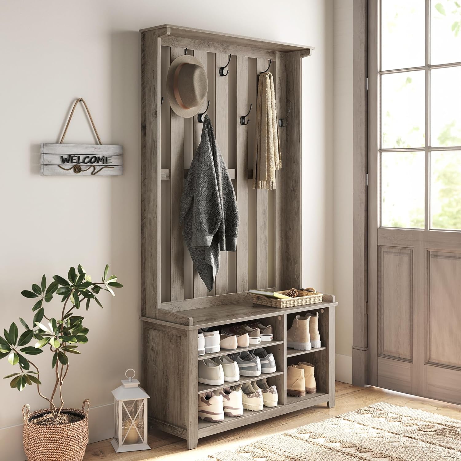 Hall Tree with Bench and Shoe Storage, Coat Rack with Shoe Bench, 7 Double Hooks for Jackets, Hats, Entryway, Bedroom, Living Room, 13.8 X 31.9 X 70.9 Inches, Rustic White UHSR414W01