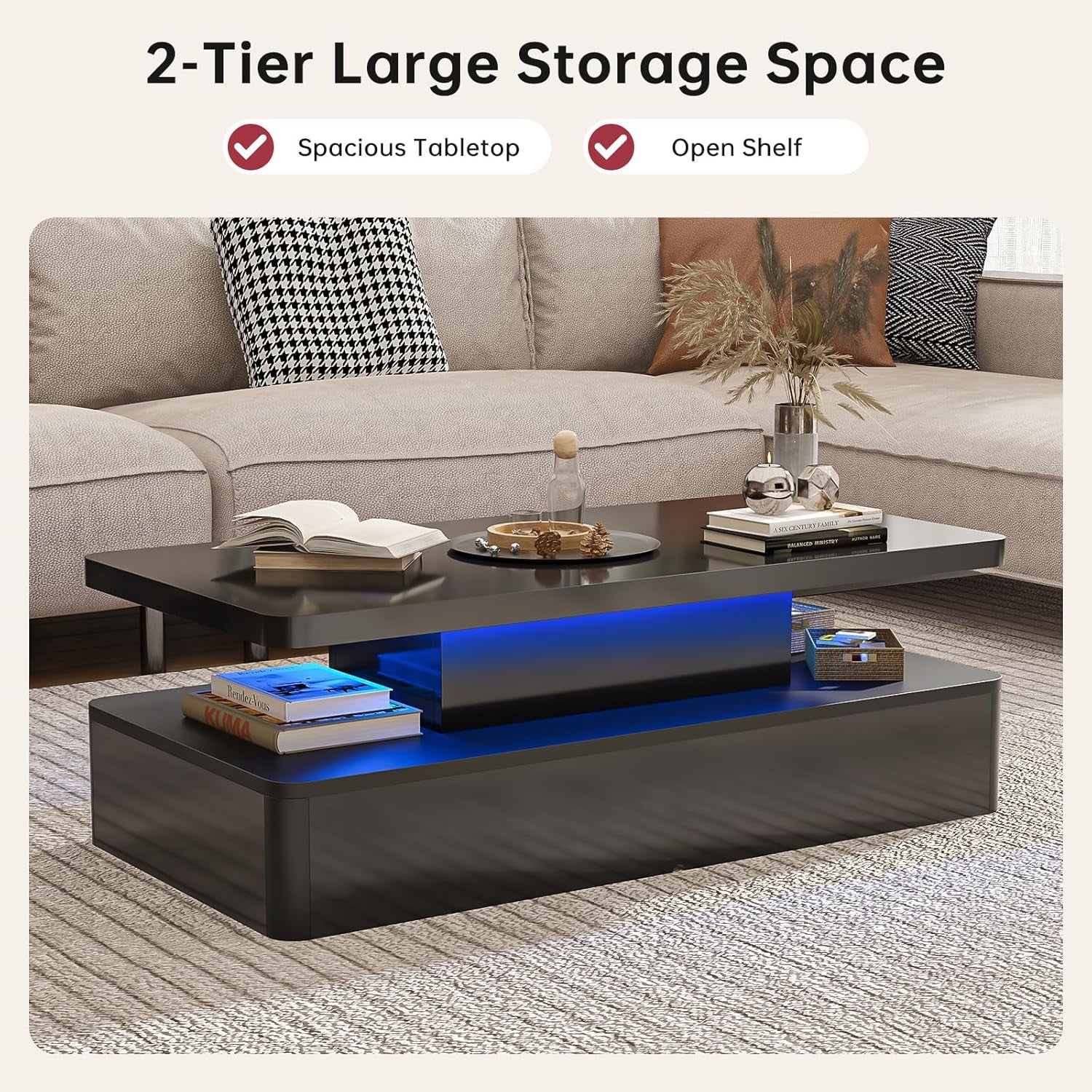 Modern LED Coffee Table, 40" Living Room Tables with 16 Colors LED Lights, Double-Layer Design, Stylish Coffee Tables for Living Room, Black