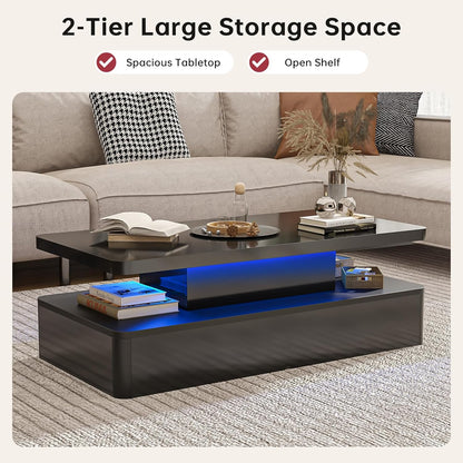 Modern LED Coffee Table, 40" Living Room Tables with 16 Colors LED Lights, Double-Layer Design, Stylish Coffee Tables for Living Room, Black