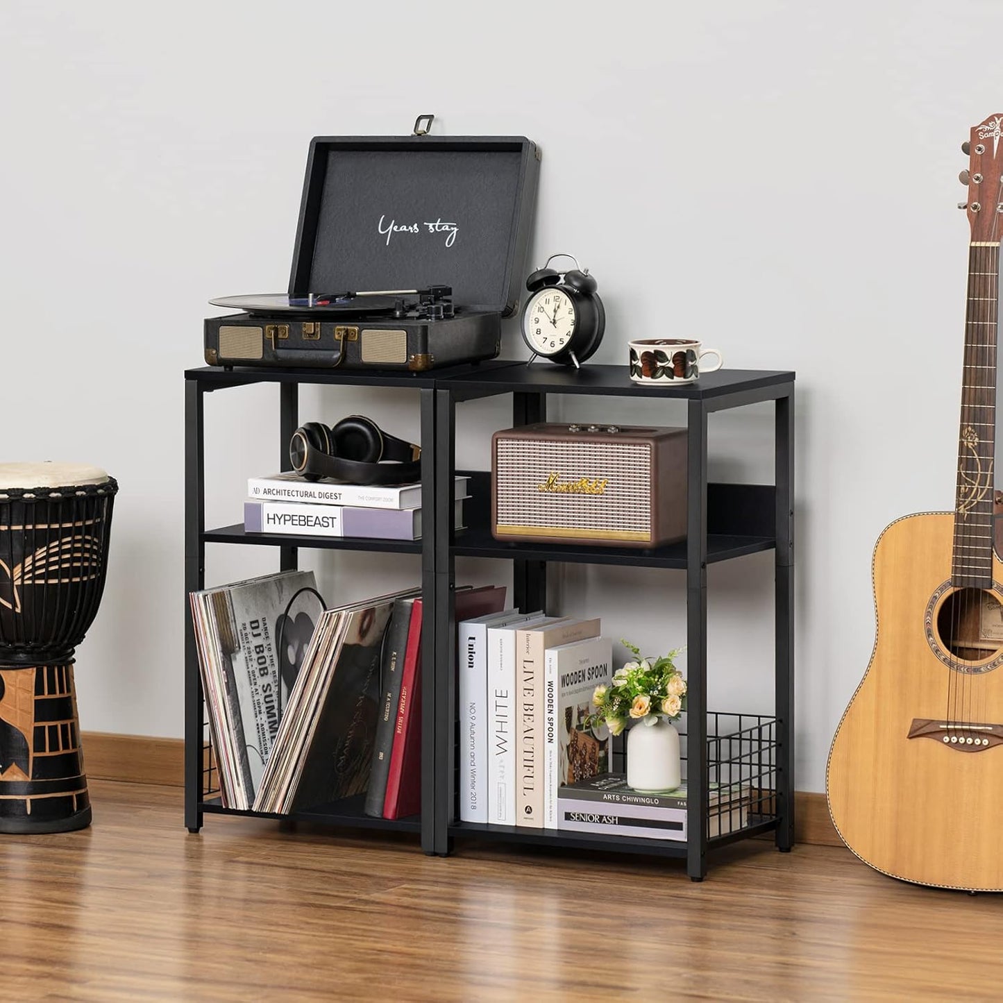 Black End Table, Small Side Table with Metal Frame,Modern Record Player Stand with Storage Shelf, Wood 3 Tier Sofa Bedside Tables, Narrow Nightstand for Living Room Bedroom Office