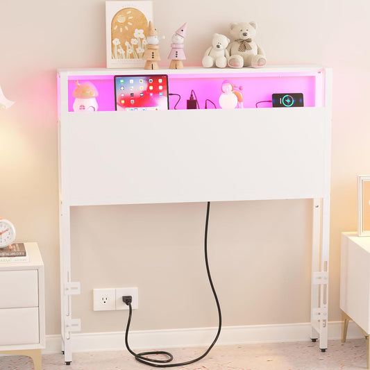 Twin Sized Headboard with 2 Tiers Storage Shelves, Sturdy and Stable Headboard with Charging Station, USB Ports and LED Light for Twin Bed Frames,White