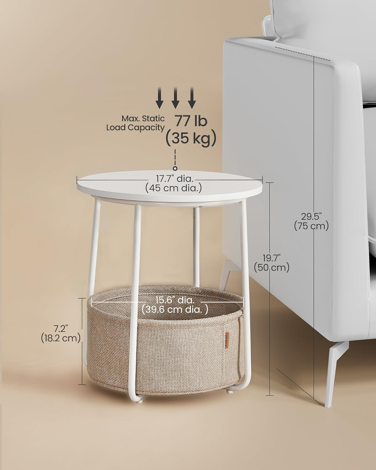 Small round Side End Table, Modern Nightstand with Fabric Basket, Cream White ULET223K67