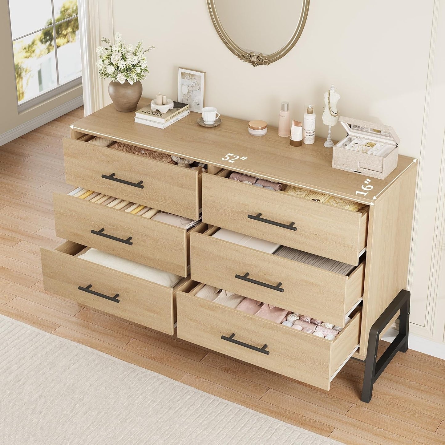 6 Dresser for Bedroom, 52" Wide Drawer with Large Storage Space, Freestanding Wooden Closet Storage Dresser Chest for Living Room, Bedroom, Entryway, Natural Oak