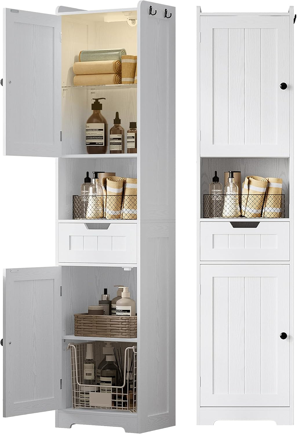 68" Tall Bathroom Storage Cabinet with Lights, Narrow Bathroom Storage Cabinet with Adjustable Shelves & 2 Hooks, Slim Freestanding Cabinet for Small Space, Kitchen, Living Room, White