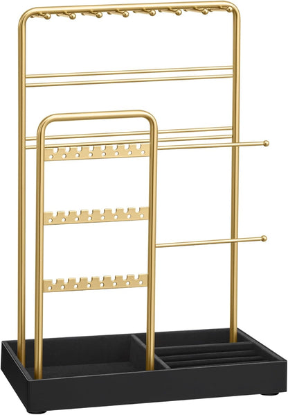 Jewelry Holder, Jewelry Organizer Display Stand with Metal Frame, Velvet Tray, Necklace Earring Bracelet Holder, for Studs, Rings, Gift Idea, Pale Gold and Ink Black UJJS021AB02