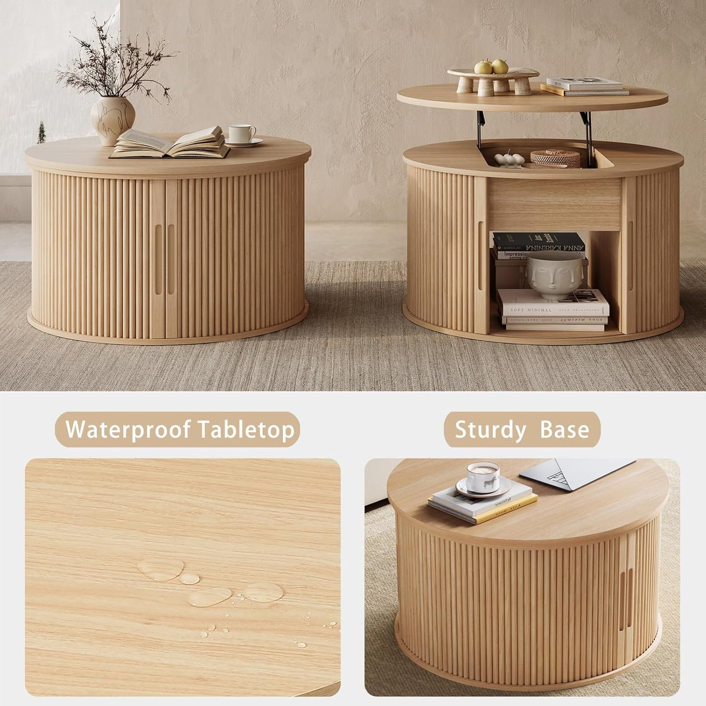 Lift Top Coffee Table, round Fluted Coffee Table with Storage, Boho Wooden Coffee Tables with Sliding Tambour Door, 31.5" Center Table for Living Room, Office, Small Space, Natural Oak