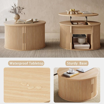 Lift Top Coffee Table, round Fluted Coffee Table with Storage, Boho Wooden Coffee Tables with Sliding Tambour Door, 31.5" Center Table for Living Room, Office, Small Space, Natural Oak