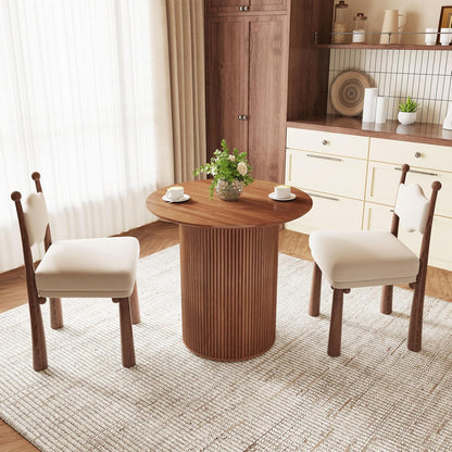 31.5" round Dining Table for 2 People, Small Kitchen Dinner Table with Fluted Wood Base, Farmhouse Circle Dining Tables for Home, Kitchen, Dining Room, Living Room (Walnut)
