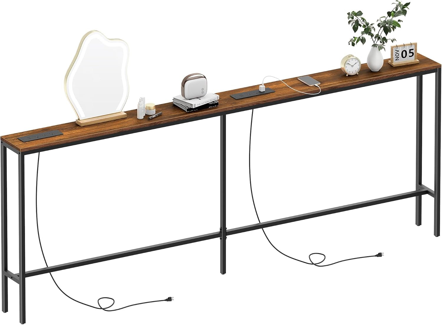 80.7'' Narrow Sofa Table with 2 Power Outlets (6 AC Outlets & 4 USB Ports), Thin Console Tables Narrow Long, behind Couch Table Skinny for Entryway, Living Room, Hallway, Foyer, Rustic Brown