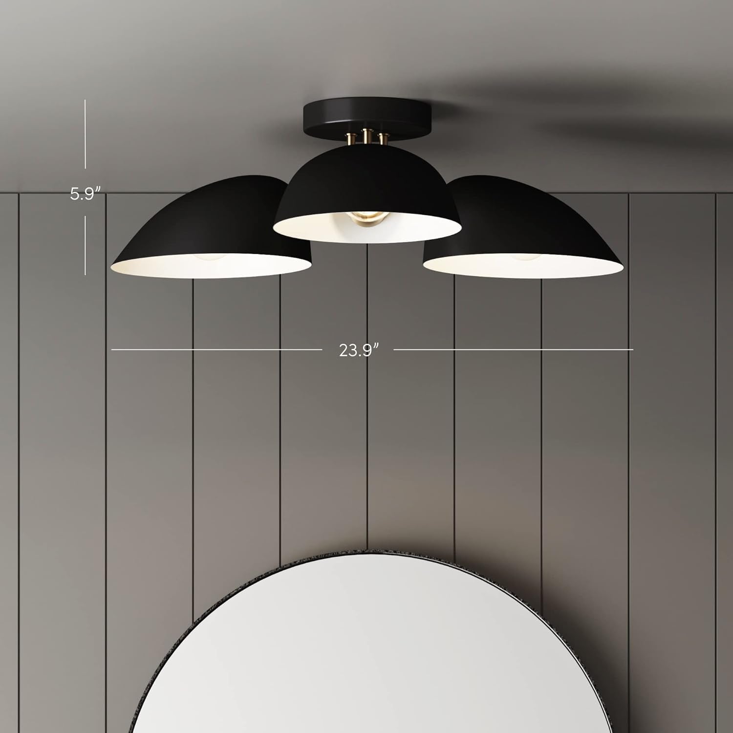 Argo Semi Mount Flush Ceiling Light, 3-Lights Modern Retro Lighting with Black Rounded Shades for Hallway, Dining Room and Bedroom, Brass Gold/Black