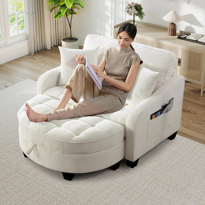 Chaise Lounge Chair Indoor, Chenille Oversized Sofa Chair with Storage Ottoman & Adjustable Backrest, Fluffy Loveseat Sofa, Comfy Convertible Sleeper Couch Bed for Living Room, Bedroom(Beige)