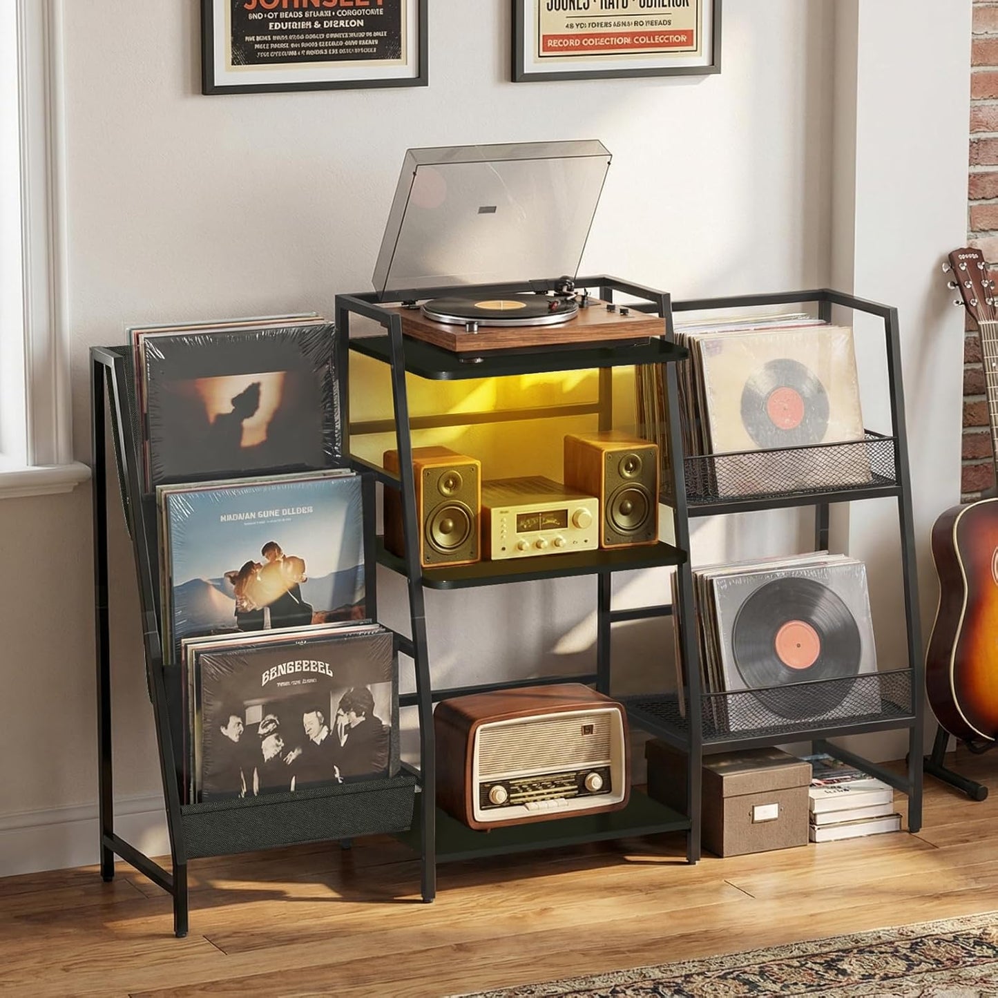 Record Player Stand with LED Lights, Record Player Table with Large Capacity Storage Holds up to 300 Albums, Vinyl Records Stands for Living Room, Turntable Stand Shelf for Albums, Black