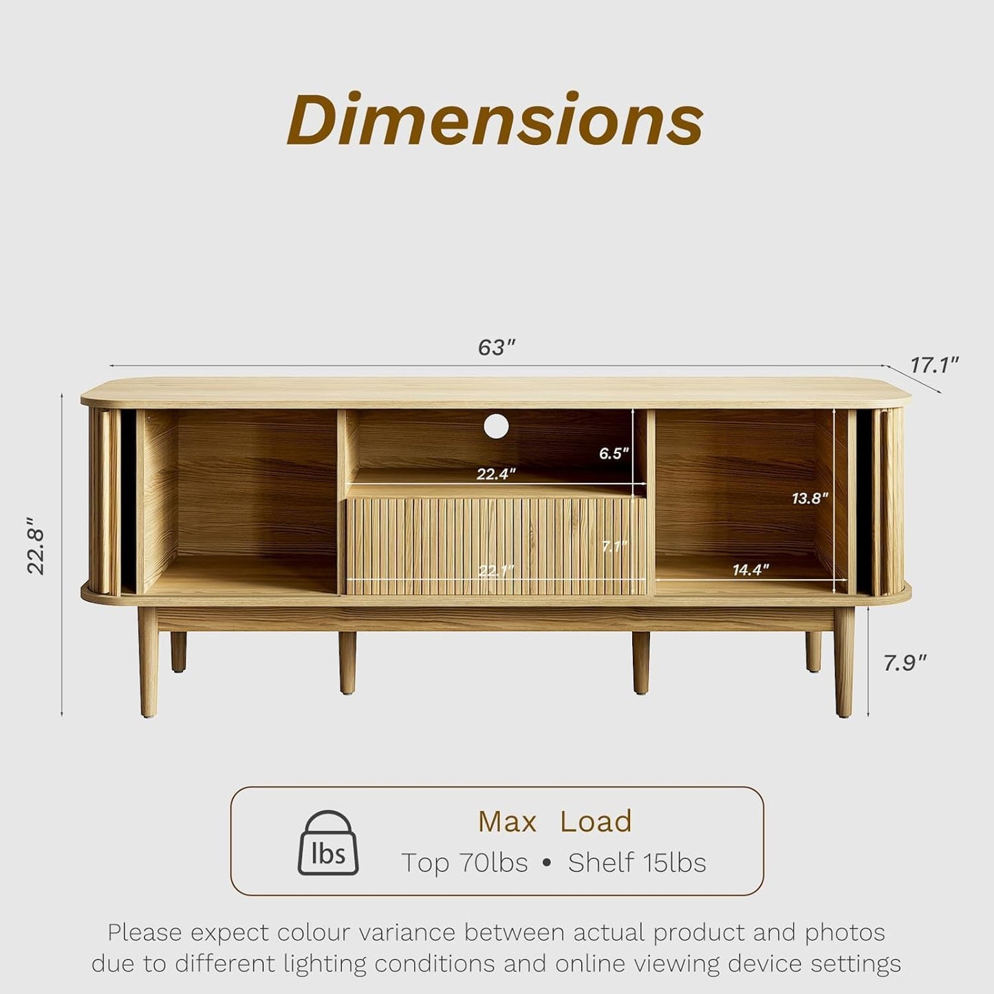 Living Room Table Sets of 2, Fluted Coffee Table & Dresser TV Stand, Coffee Table with Storage, Sliding Doors TV Stand for Living Room (Natural)