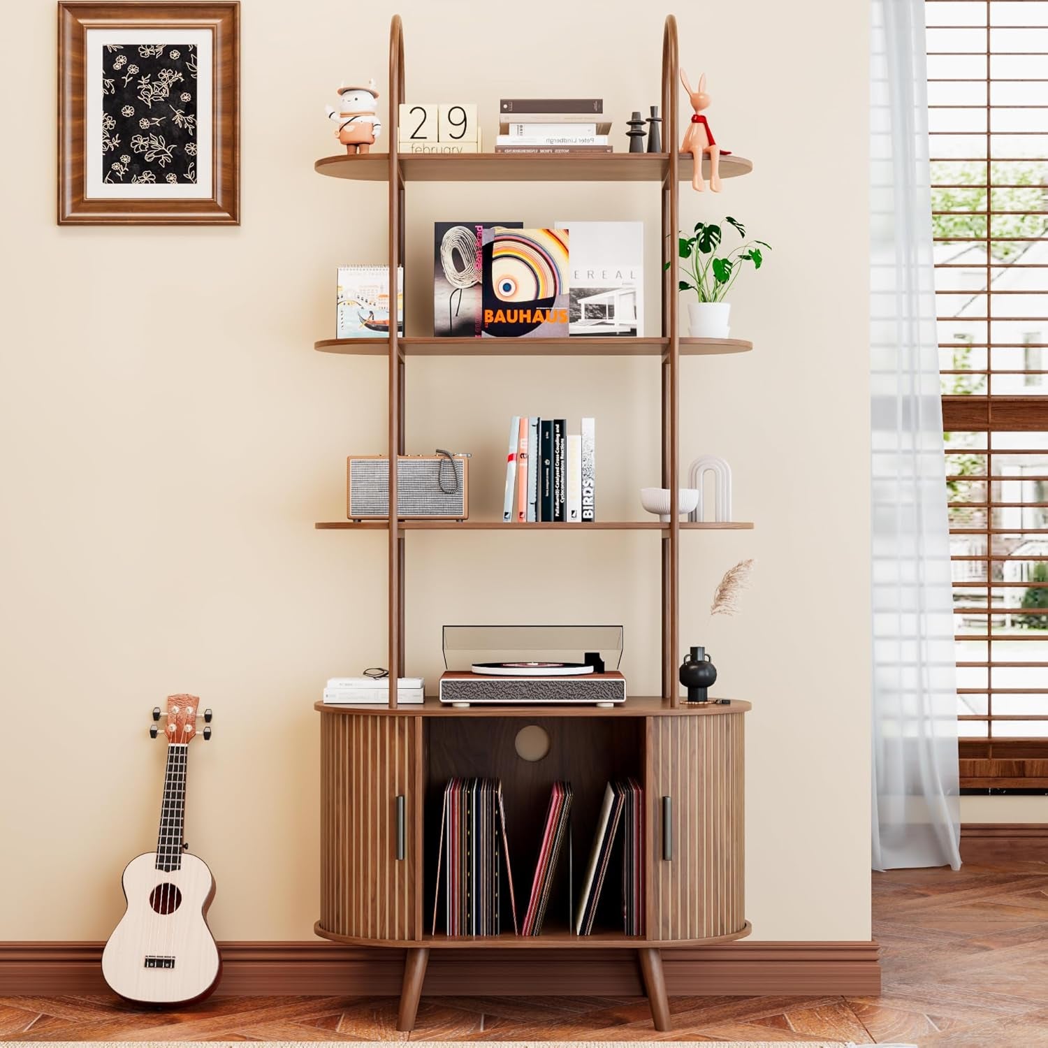 Tall Vinyl Record Player Stand, 4 Tier Arched Bookshelf with Sliding Doors, Retro Small Record Storage Cabinet, Fluted Media Display Shelf, Mid Century Modern Turntable Stand for Living Room, Walnut