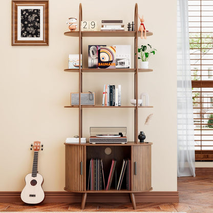 Tall Vinyl Record Player Stand, 4 Tier Arched Bookshelf with Sliding Doors, Retro Small Record Storage Cabinet, Fluted Media Display Shelf, Mid Century Modern Turntable Stand for Living Room, Walnut