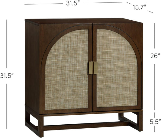 Paxton Boho Wood Storage Cabinet with Doors, Small Storage Cabinet for Living Room or Kitchen with Rattan Door Details, Dark Walnut