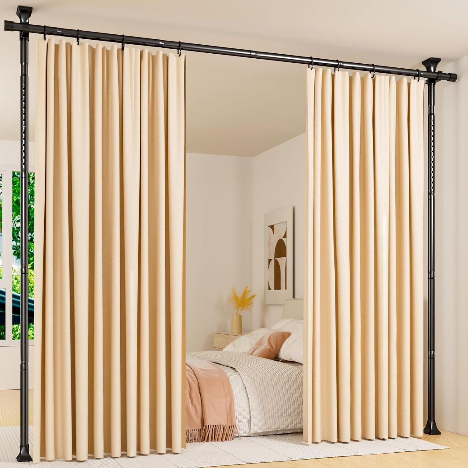 Room Divider Curtain Rods No Drilling, Adjustable 4-10Ft(H) Wall Divider for Room Separation, Temporary Privacy Tension Curtain Rods, Freestanding Space Room Separator, Black