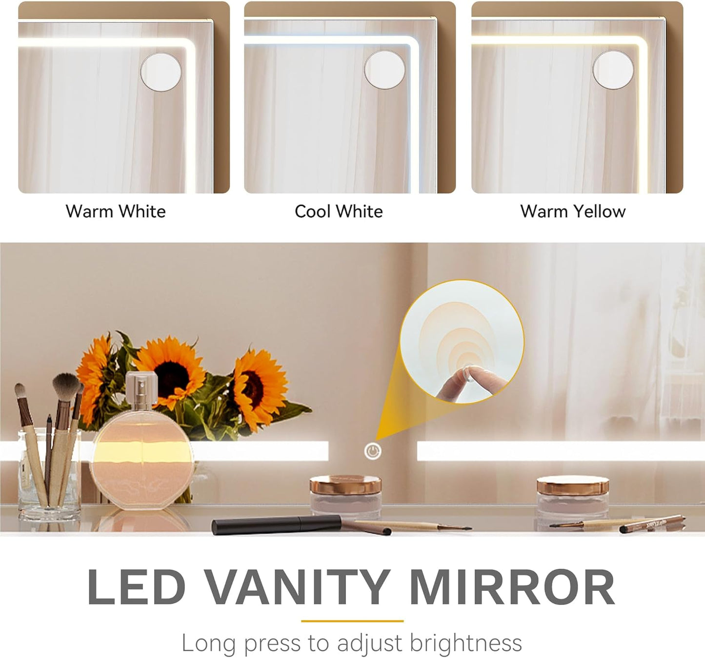 Makeup Vanity with Large Mirror and Lights, 46" Vanity Desk Dressing Table Set with 11 Drawers & Storage Stool, Dressing Table with Power Outlet and Magnifying Glass, Dressing Room, White