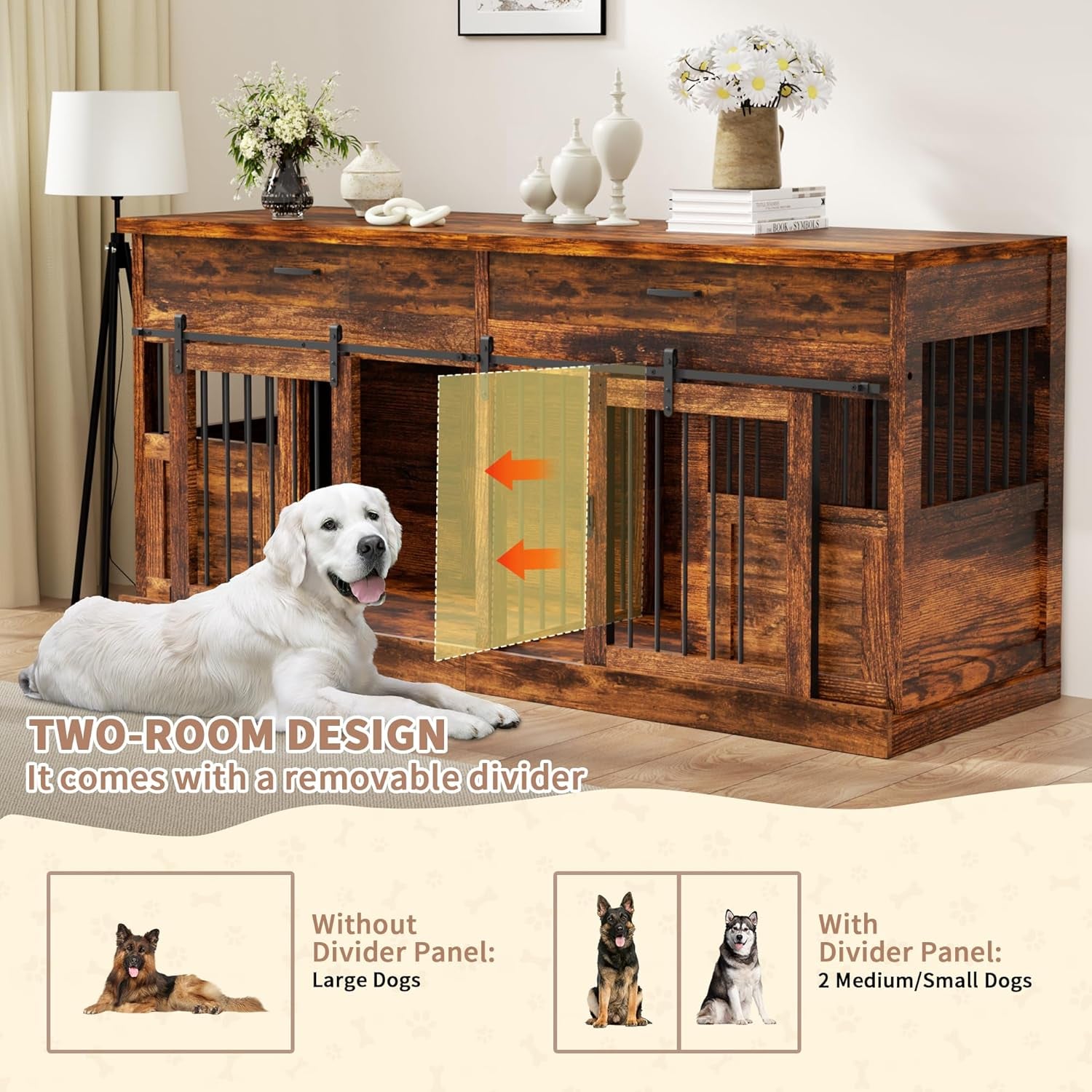 Large Dog Crate Furniture for 2 Dogs 71 Inches Decorative Indoor Dog Kennel Furniture with 2 Drawers XXL Heavy Duty Dog Crates Cage Furniture with Removable Divider and Sliding Doors Brown
