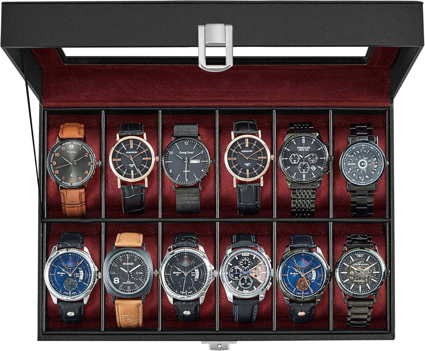 Watch Box, 12-Slot Watch Case with Large Glass Lid, Removable Watch Pillows, Watch Box Organizer, Gift for Loved Ones, Black Synthetic Leather, Wine Red Lining UJWB120R01