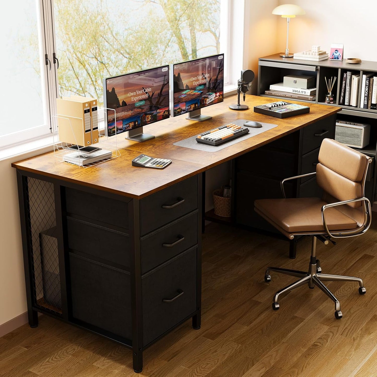 63 Inch Computer Desk with File Drawers Cabinet, Modern Office Desk with Large Storage for Home Office, Study, Gaming, Vintage
