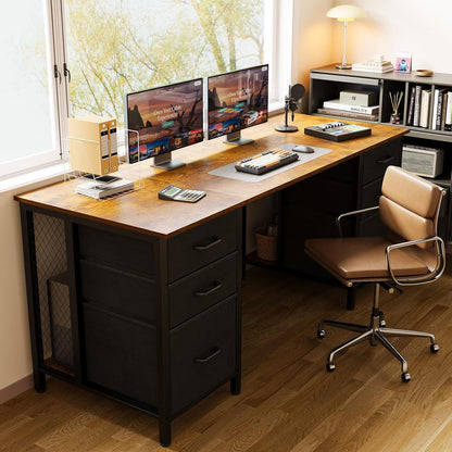 63 Inch Computer Desk with File Drawers Cabinet, Modern Office Desk with Large Storage for Home Office, Study, Gaming, Vintage