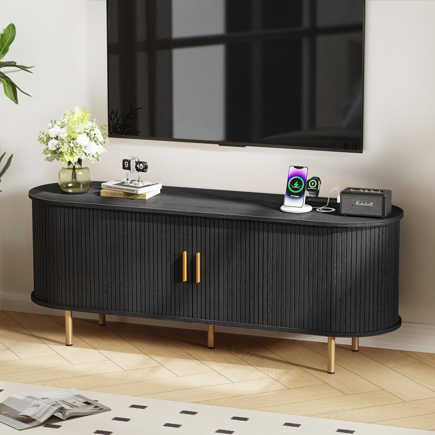 55 Inch Mid Century Modern TV Stand with Power Outlet for Tvs up to 60 Inch, Entertainment Center with Storage and Adjustable Shelves, Media Console with Sliding Doors for Living Room(Black)