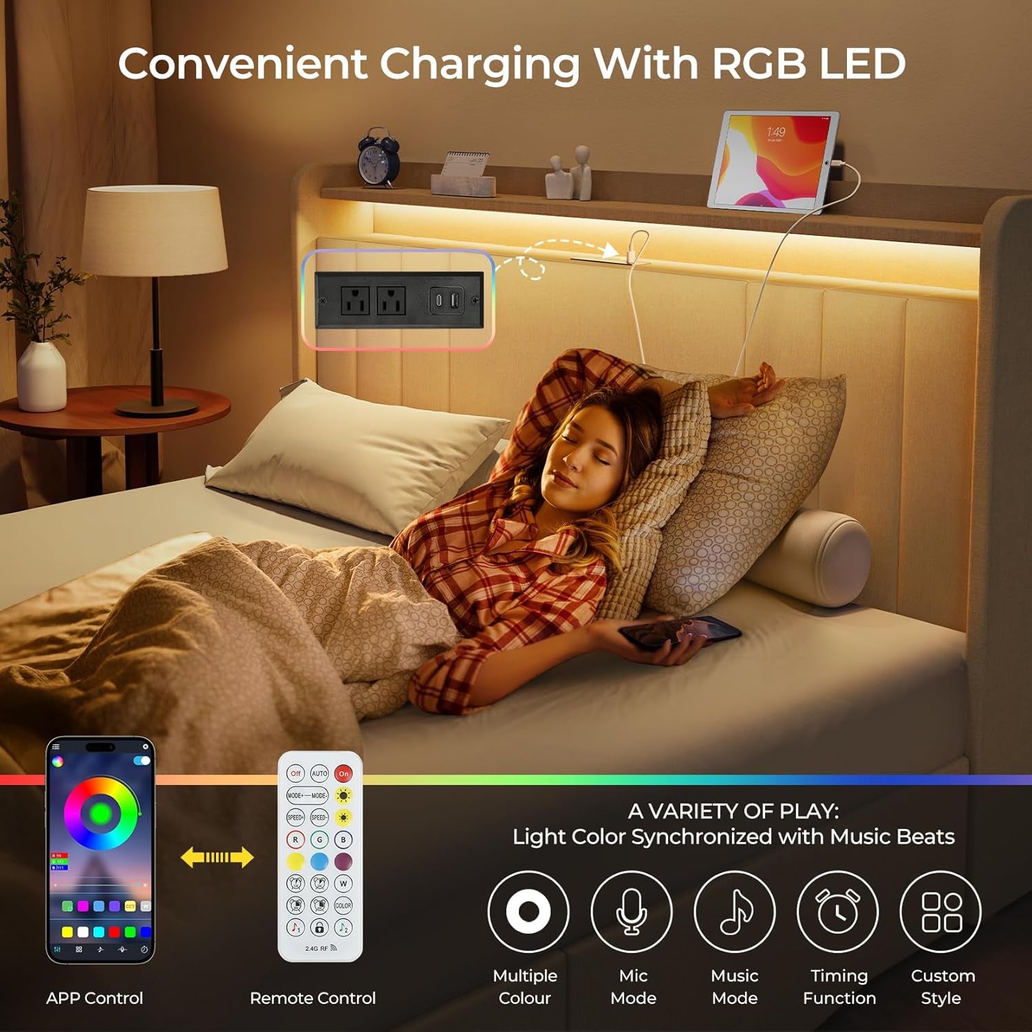 Queen Bed Frame with Storage, Tall Headboard Upholstered Platform Bed with 4 Dustproof Drawers, 2-Tier Storage Headboard Wingback, LED Light & Charging Station, 47''-51'' Height Adjust, Beige