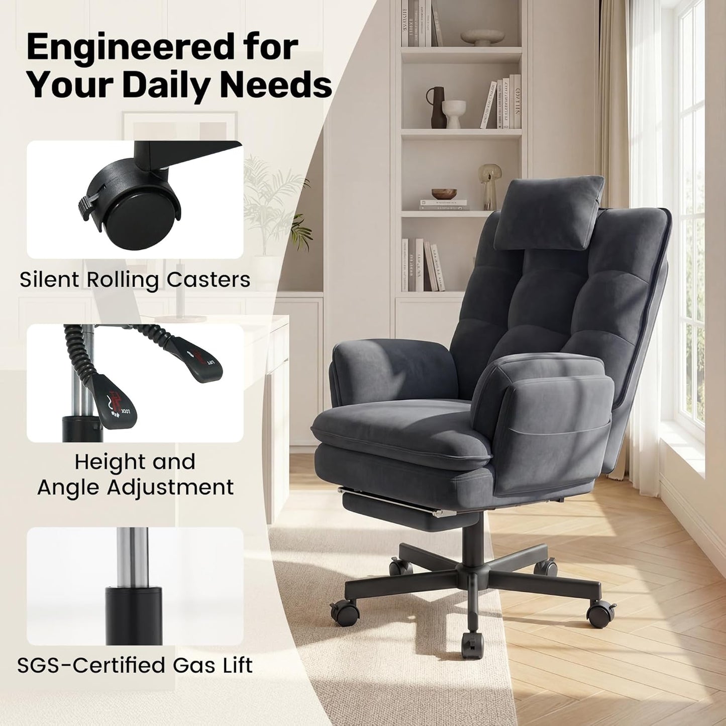 Criss Cross Office Chair with Flip-Up Armrests and Headrest, 135° Reclining Swivel Velvet Criss Cross Chair with Wheels & Foot Rest, Big and Tall Cloud Cross Legged Office Chair for Home, Gray