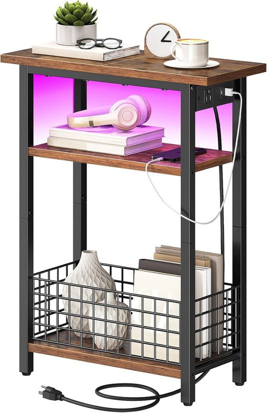 Narrow Side Table with Charging Station and LED Light, Small End Table with Storage, Skinny Nightstand with USB Port, Slim Bedside Table for Small Spaces, Living Room, Rustic Brown BF242UDBZ01
