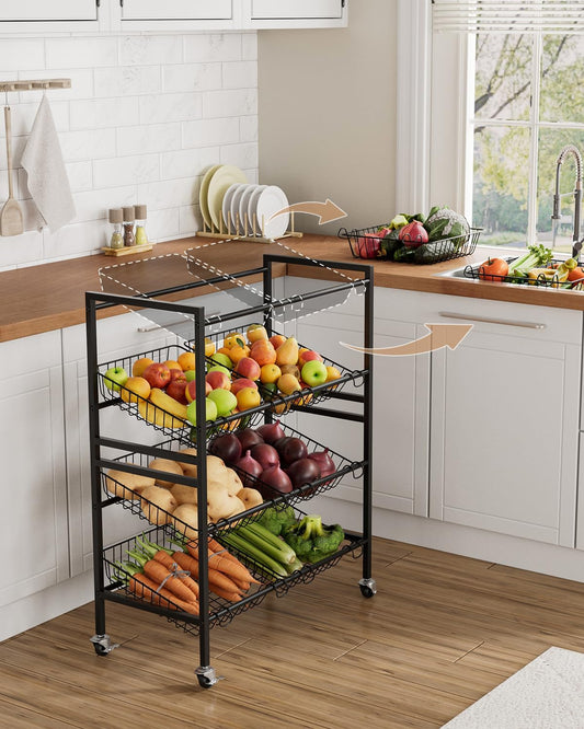 25.2''W Kitchen Storage Cart, Rolling Snack Cart, 4 Tier Fruit Basket Vegetable Stand, Metal Pantry Storage Organizer with 8 Removable Baskets for Onion Potato, Black