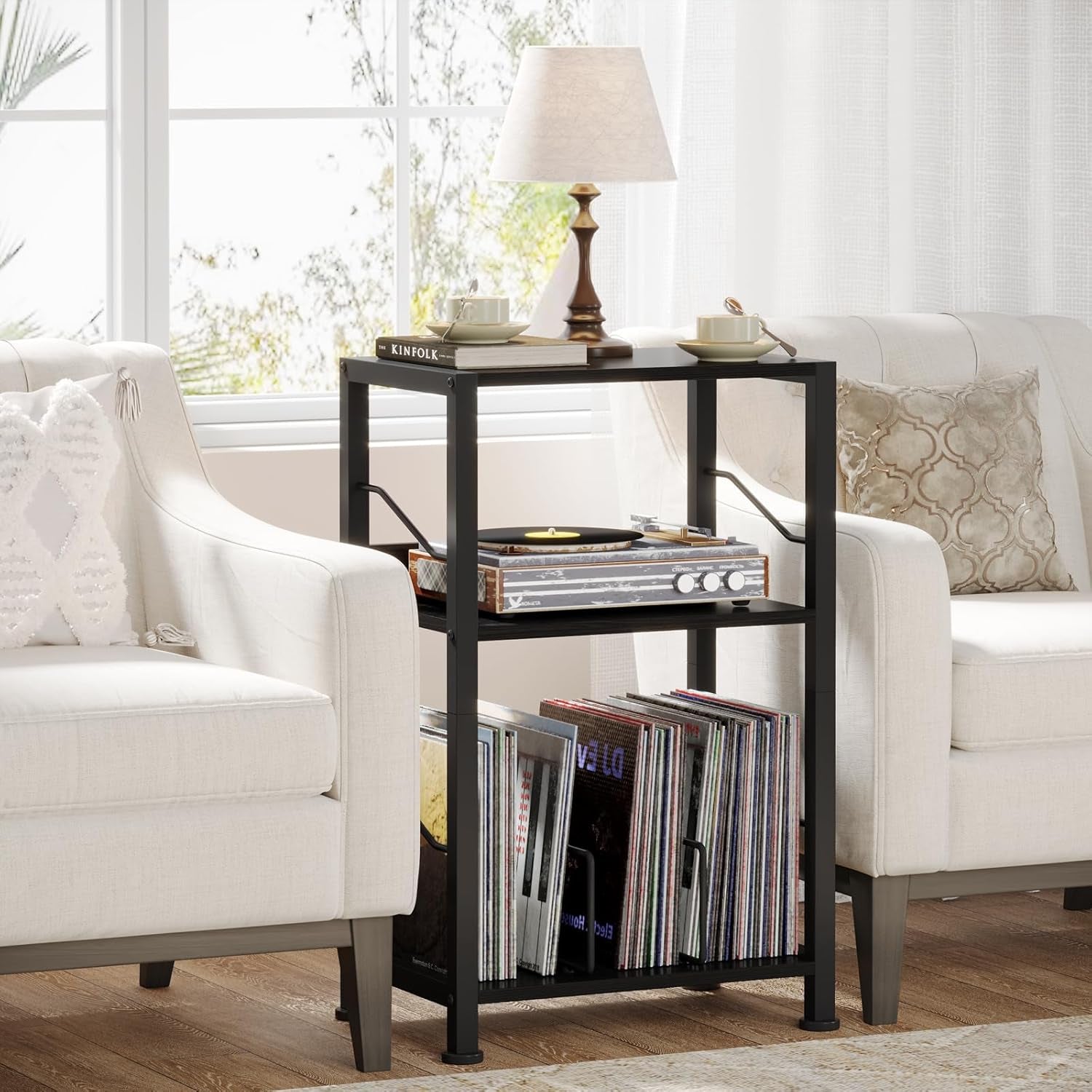 3 Tier Record Player Stand, Retro Vinyl Record Storage End Table Records for Living Room Bedroom (Black)