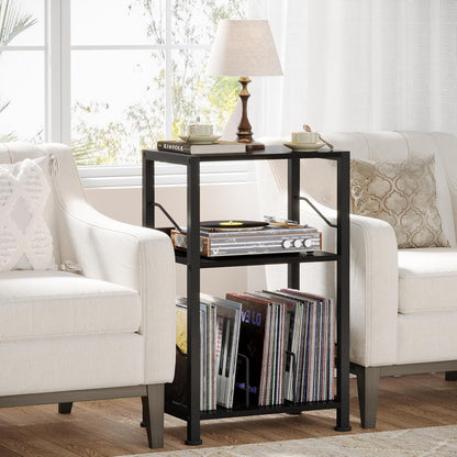 3 Tier Record Player Stand, Retro Vinyl Record Storage End Table Records for Living Room Bedroom (Black)