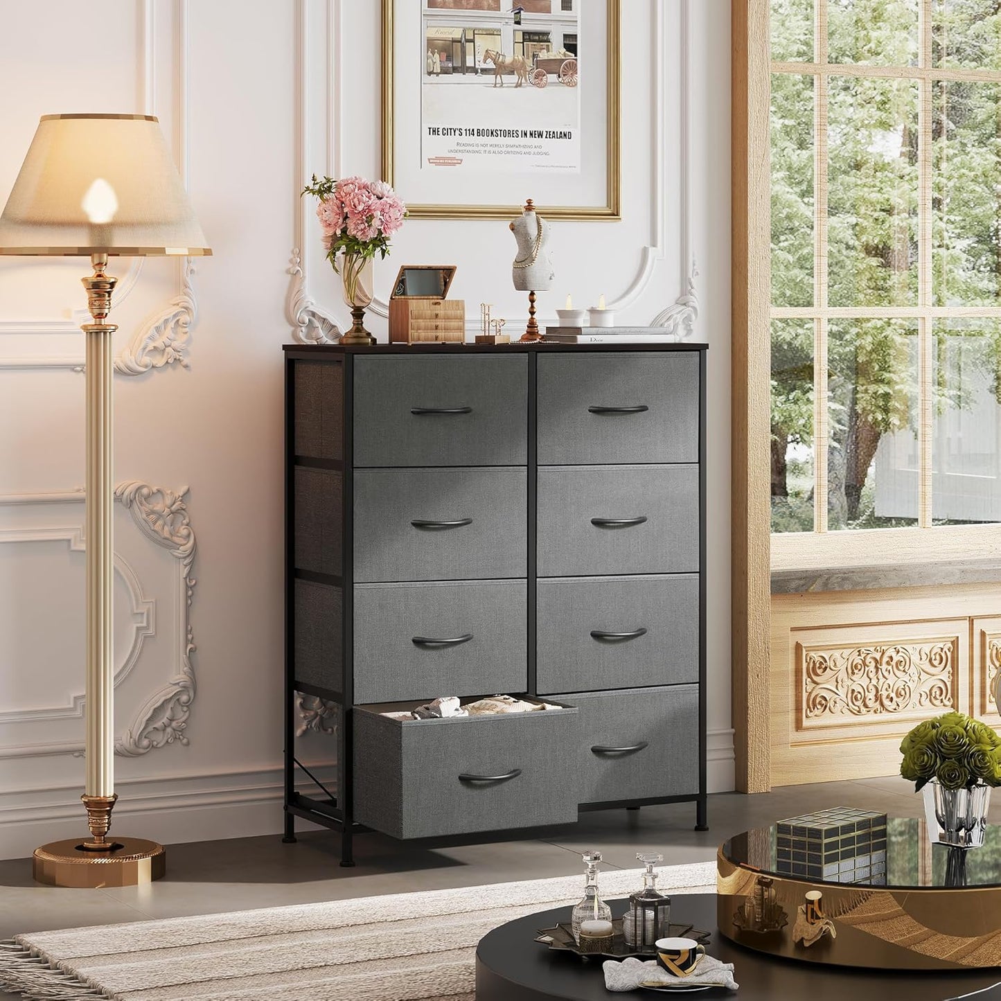 Fabric Dresser for Bedroom, Tall Dresser with 8 Drawers, Storage Tower with Fabric Bins, Double Dressers, Chest of Drawers for Closet, Living Room, Hallway, Dark Gray