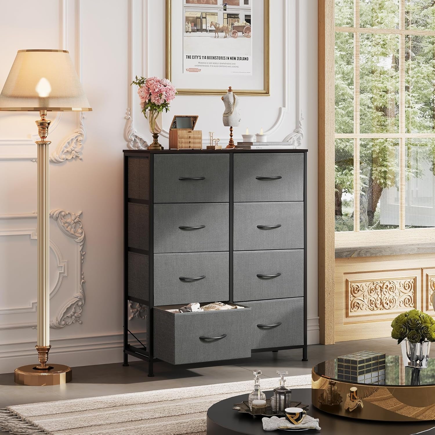 Fabric Dresser for Bedroom, Tall Dresser with 8 Drawers, Storage Tower with Fabric Bins, Double Dressers, Chest of Drawers for Closet, Living Room, Hallway, Dark Gray