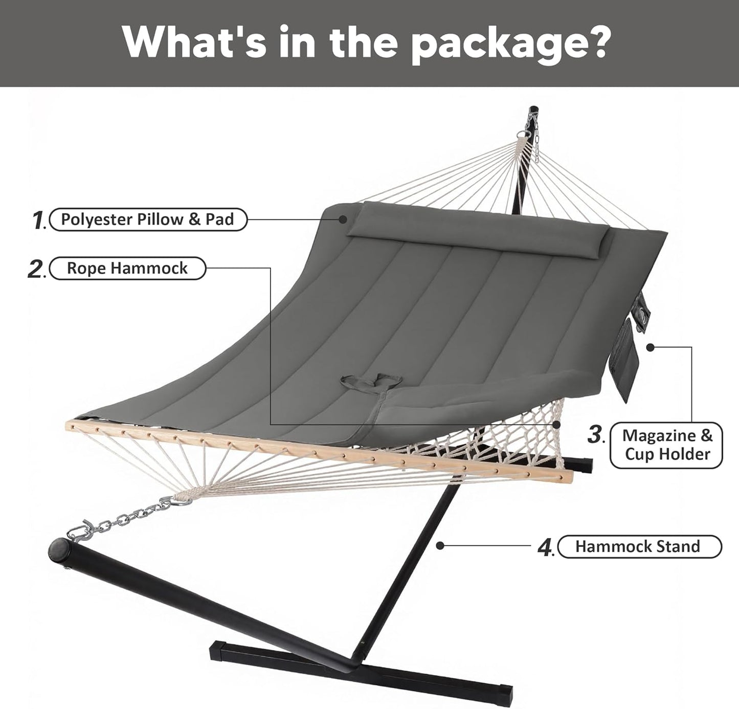 Double Outdoor Hammock with Stand, Carrying Bag, Two Person Cotton Rope Hammock with Polyester Pad, Dark Gray