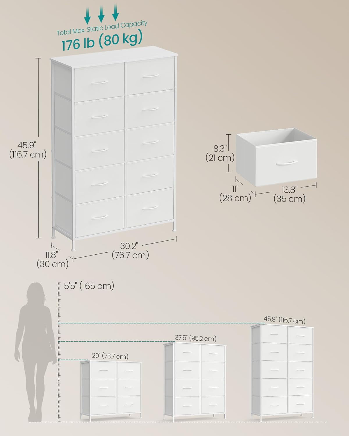 Dresser for Bedroom, Chest of Drawers, Steel, MDF, 10 Non-Woven Fabric Drawers, Storage Organizer Unit, Closet, Entryway, Cloud White and Snow White ULGS125W01S