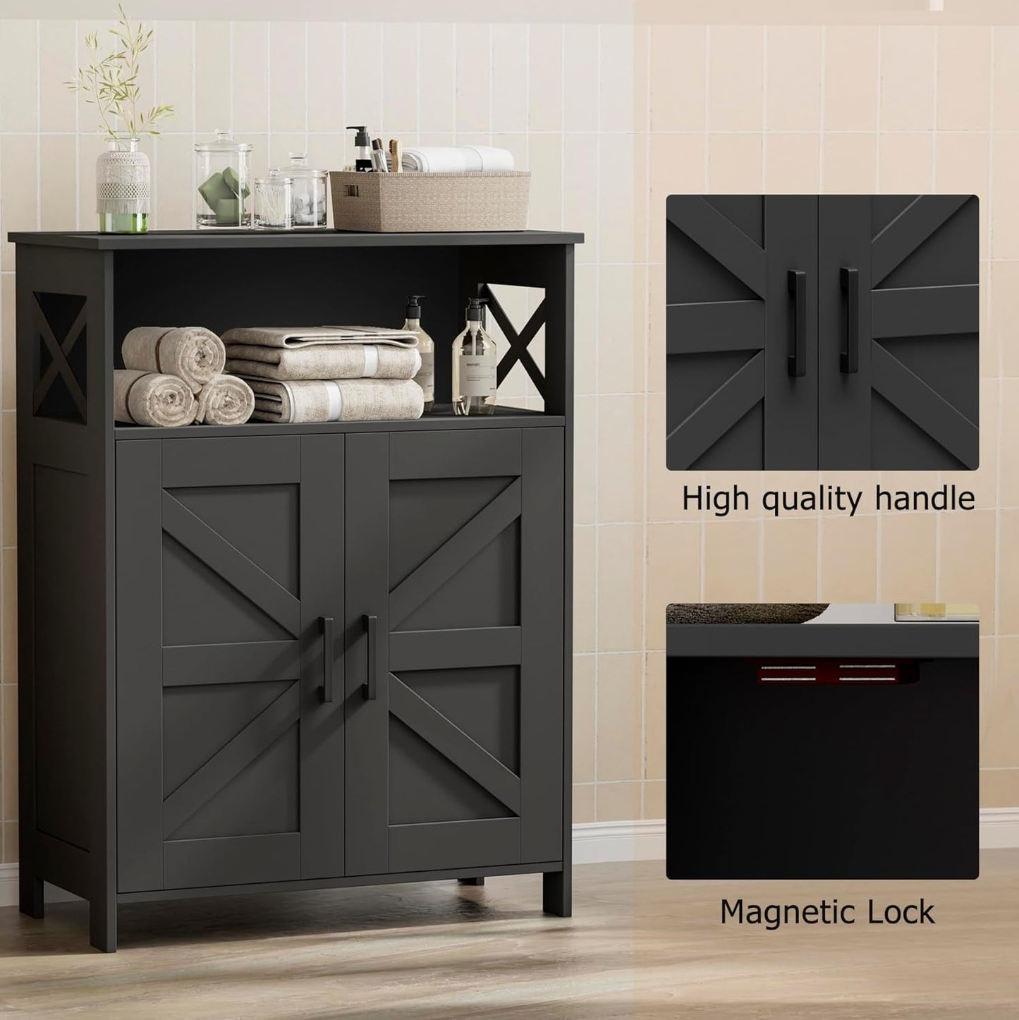 Farmhouse Bathroom Storage Cabinet with 2 Doors, Toilet Paper Cabinet with Adjustable Shelves, Small Bathroom Cabinet for Kitchen/Laundry/Living Room, 11.8 X 23.6 X 31.5 Inches, Black