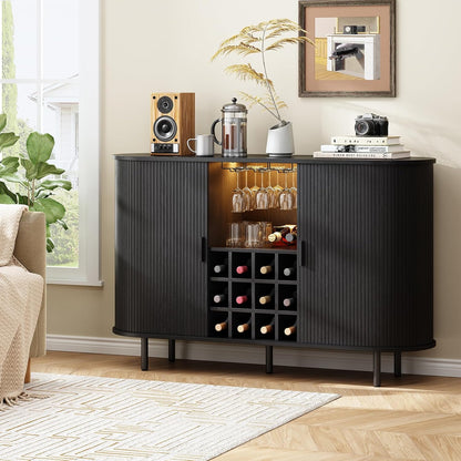 55" Wine Bar Cabinet with LED Light,Modern Liquor Whiskey Coffee Station with Wine Rack and Glass Holder, Farmhouse Buffet Sideboard with Storage for Living Room, Kitchen, Entryway (Black)