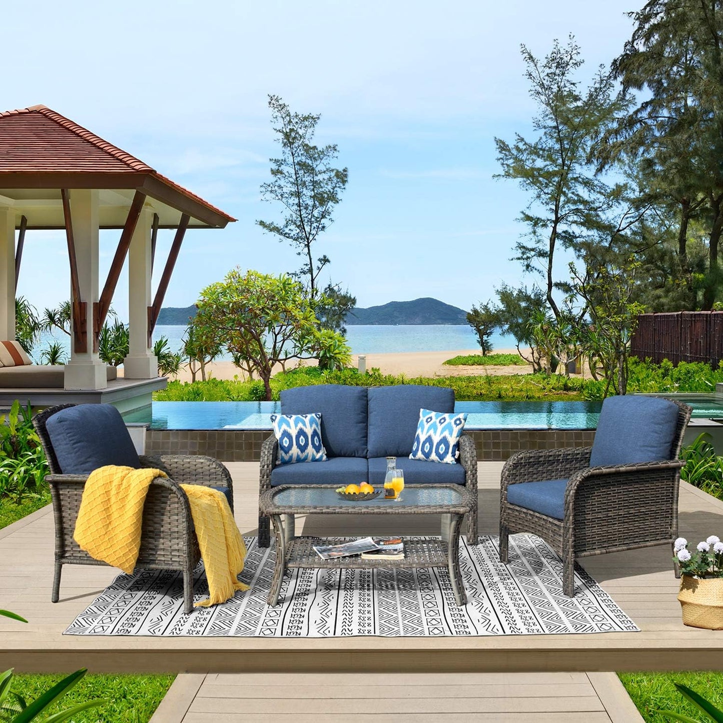 4-Piece Patio Furniture Set, Outdoor Wicker Sofa with Chairs Coffee Table, High Back Rattan Couch Loveseat with Comfy Cushions for Porch Yard Deck, Denim Blue