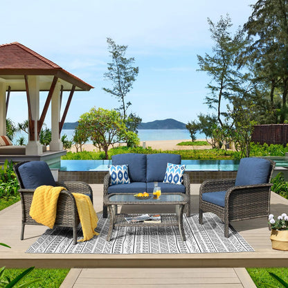 4-Piece Patio Furniture Set, Outdoor Wicker Sofa with Chairs Coffee Table, High Back Rattan Couch Loveseat with Comfy Cushions for Porch Yard Deck, Denim Blue