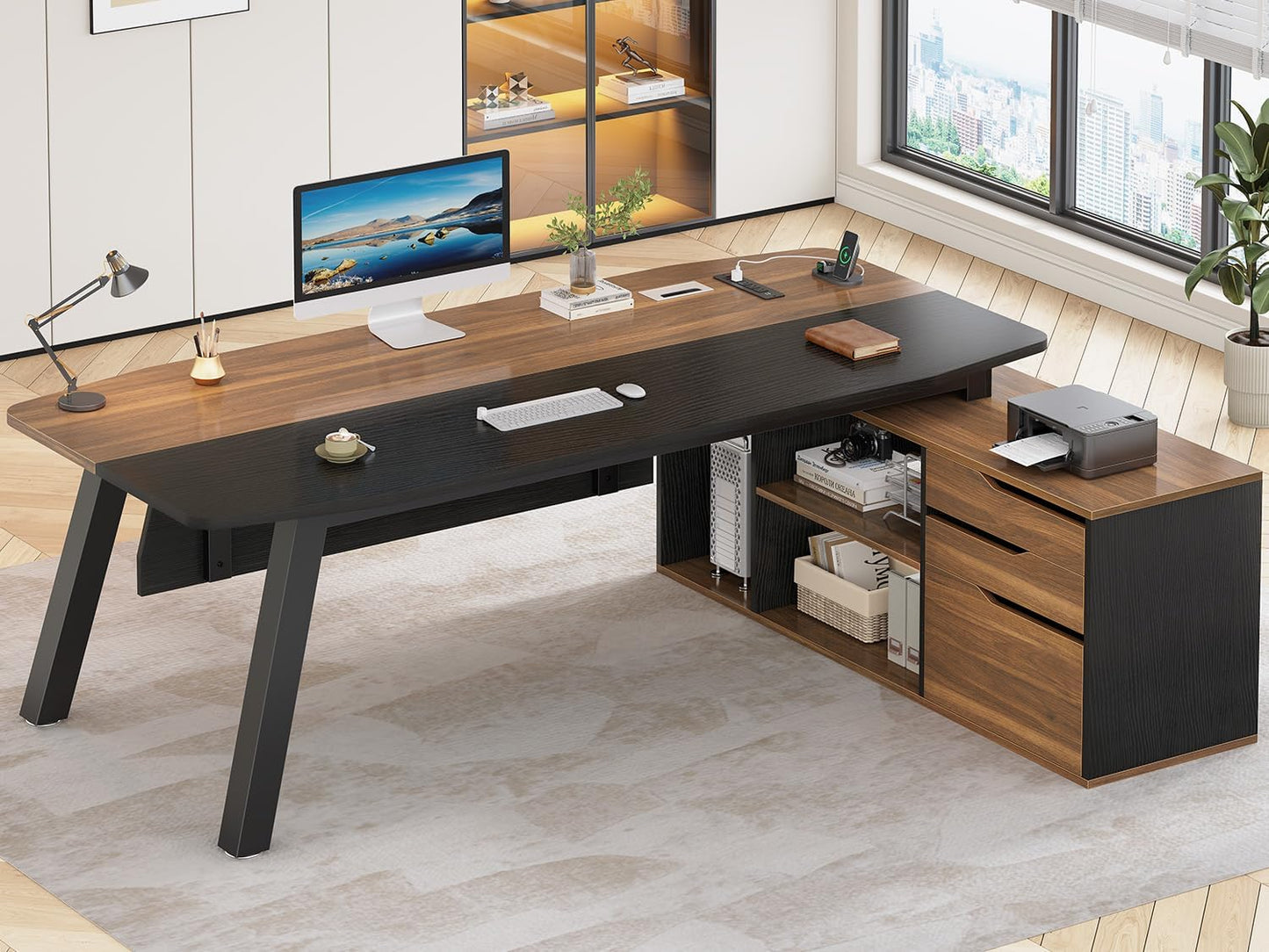 71" Executive Desk with File Cabinet, Large Office Desk with Drawers and Shelves, L Shaped Computer Desk with Power Outlets, Business Furniture Desk Workstation for Home Office, Walnut