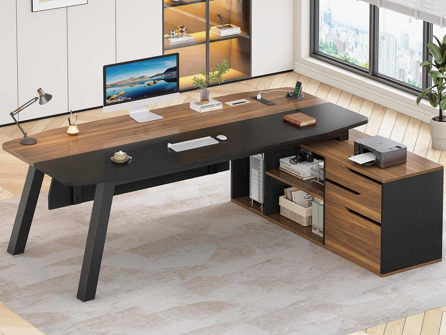 71" Executive Desk with File Cabinet, Large Office Desk with Drawers and Shelves, L Shaped Computer Desk with Power Outlets, Business Furniture Desk Workstation for Home Office, Walnut