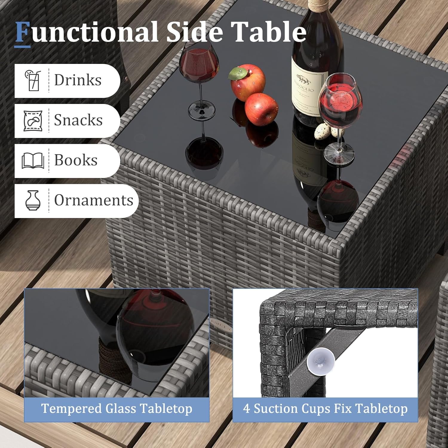 3 Piece Patio Furniture Set, Outdoor PE Rattan Conversation Set with Washable Cushions & Tempered Glass Tabletop, Wicker Chairs and Table Set for Porch, Garden, Balcony (Grey)