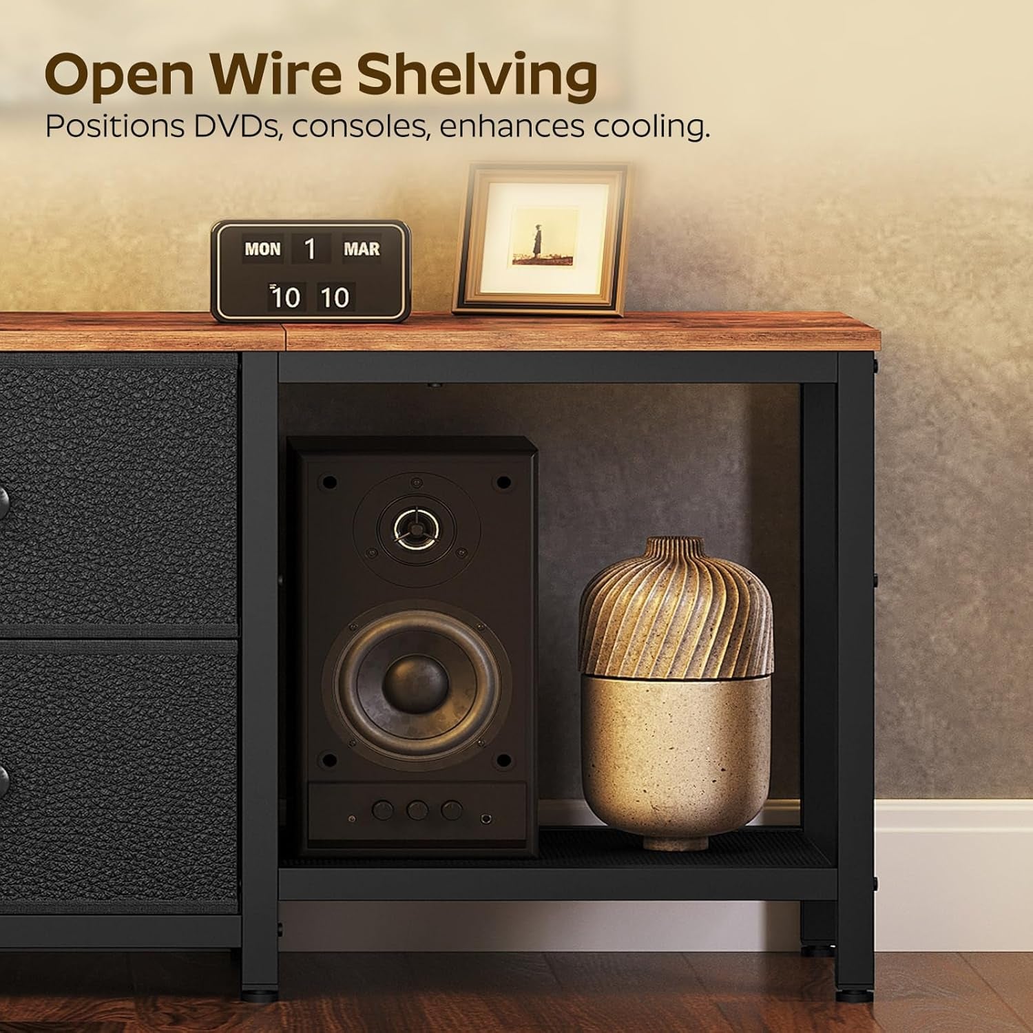 TV Stand for Tvs up to 55", Entertainment Center with 2 Fabric Drawer, Media Console with Shelves, Television Stands for Living Room, Bedroom, Rustic Brown and Black DS02BR