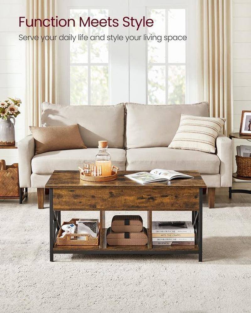 Lift Top Coffee Table, Lift Coffee Table with Storage Shelf, Hidden Compartments and Lifting Top, for Living Room, Office, 19.7 X 47.2 X (19.3-24.4) Inches, Rustic Brown and Black ULCT212B01