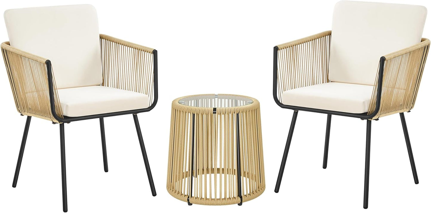 3 Piece Patio Rattan Bistro Set, Outdoor All Weather PE Wicker Conversation Furniture Set with 2 Chairs & Tempered Glass Top Table & Cushions, for Poolside/Porch/Garden/Yard, Tan/Cream